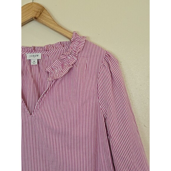 J. Crew Pink Striped Peasant Top Split Neck Ruffle Size Medium Long Sleeve - Picture 2 of 11